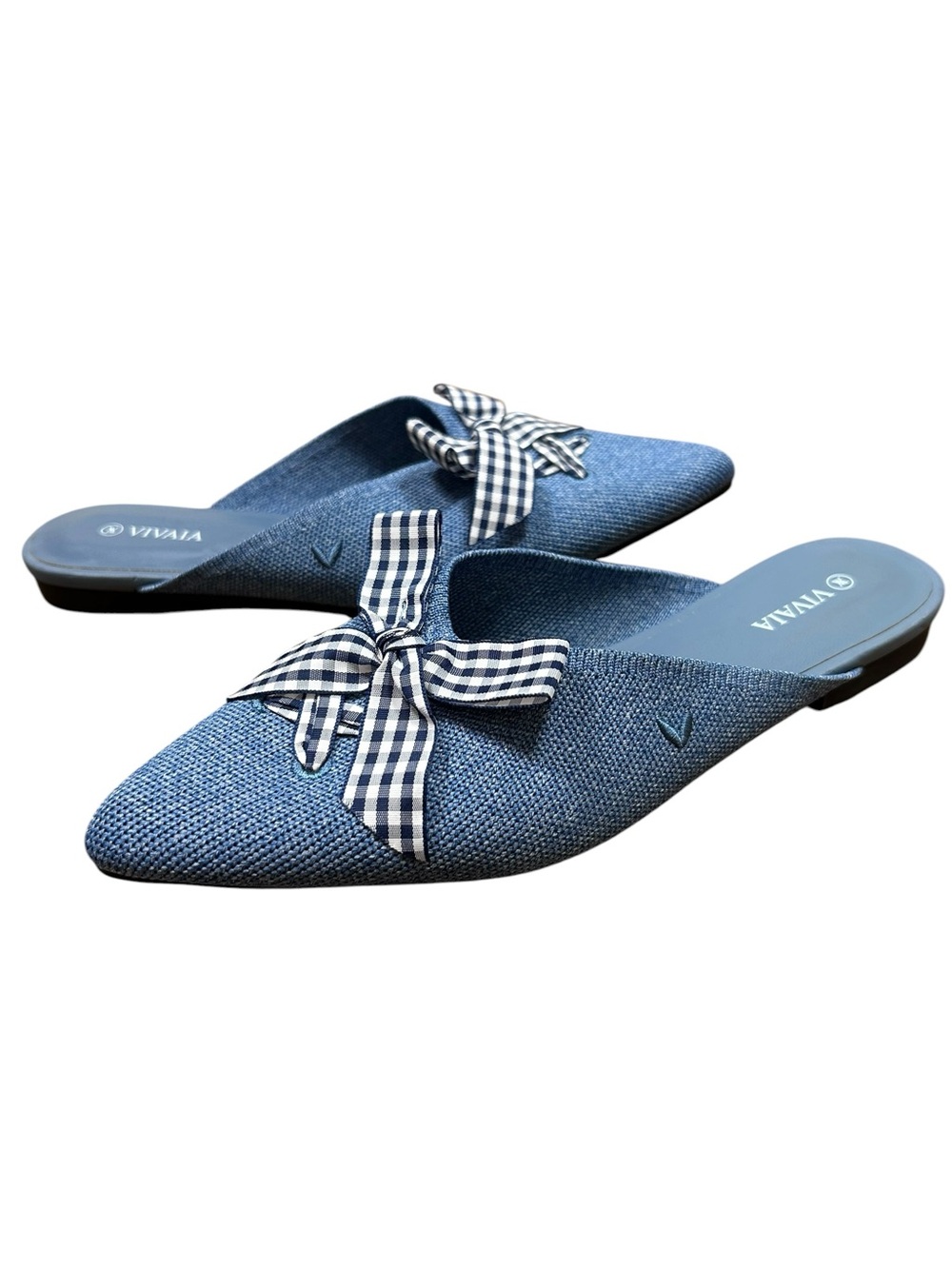 Vivaia pointed toe mules gingham bow size 38 US 7 flats preppy Twee teacher